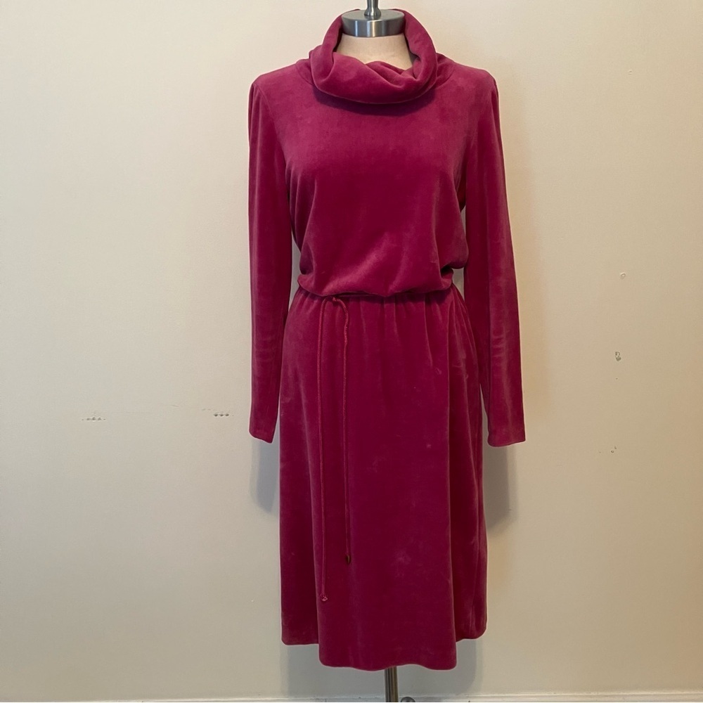VTG  Women’s Midi Pink Velour Dress Funnel Neck Patty O’Neil-Union Made